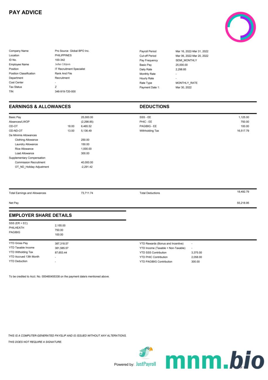 Filipiny PRO Source Global BPO Inc. paystub w formacie Word i PDF